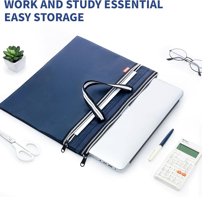 M&G Zipper Pouch with Handle 12x15 in Large Pocket File Bag, Double-Layer Large Capacity Waterproof, A4 Foldable Document Storage Bag, Suitable for Office Carrying Paper Documents Books 1 Pack (Blue)