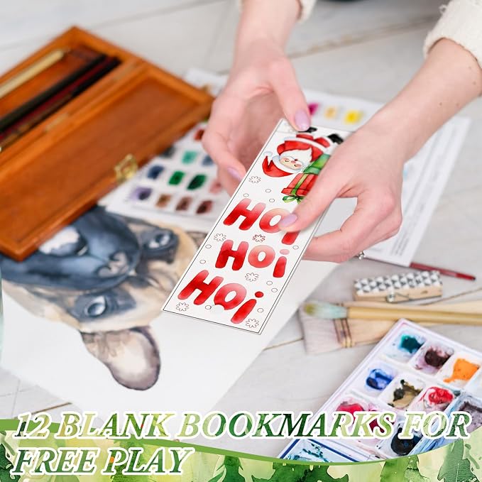 Sinmoe 120 Pcs Christmas DIY Color Your Own Bookmarks 6 Styles Watercolor Bookmarks to Paint Card Stock Paper Watercolor Colorful Tassels Craft for Classroom Projects Gifts Tags 5.9 x 2 Inch(Santa)