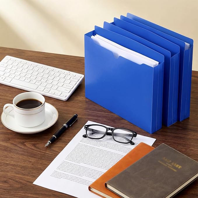 Dunzoom 50 Pack File Jackets Letter Size 2 Inch Blue Expansion Manila Plastic File Folders Expandable Heavy Duty Reinforced Straight Cut Tab Expandable Document Jacket for Office