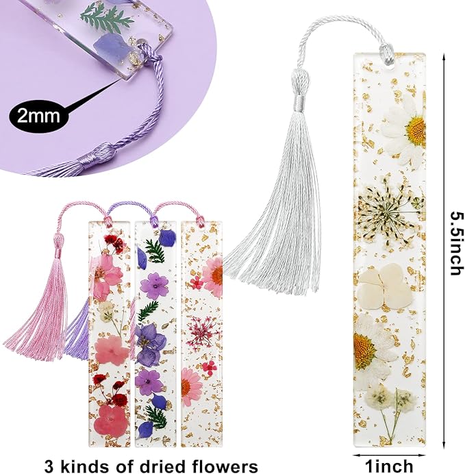 Bookmarks for Women, Kaluofan 2PCS Book Marks for Reading Women, Durable Handmade Dried Flower Resin Bookmarks with Tassels, Pretty and Increase Reading Interest