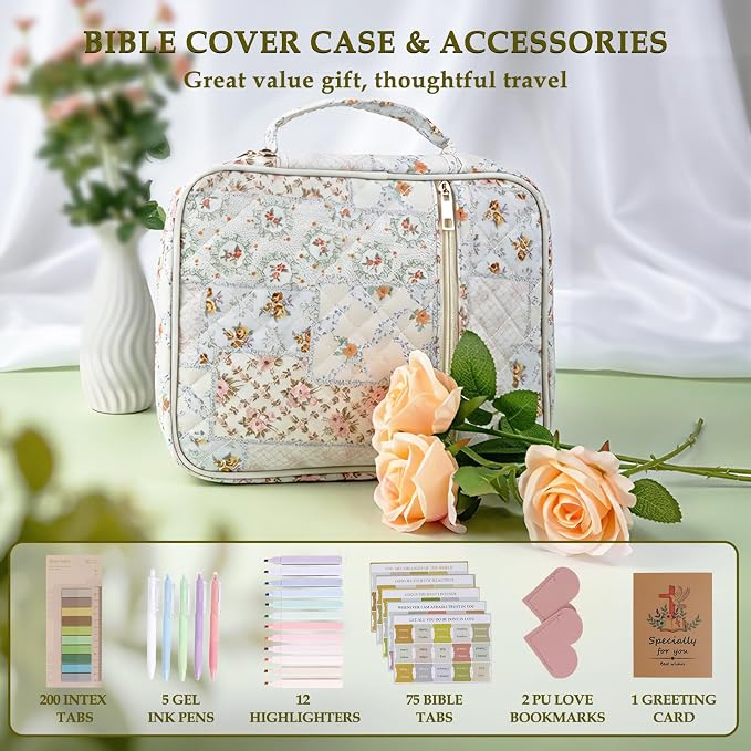 Allinside Bible Cover Case for Women - All-in-One Bible Study Kit with Accessory Pouch, 2 PU Heart Bookmarks, Waist Strap & Greeting Card | Bible Carrying Bag for Church, Prayer & Daily Devotion - Perfect Christian Gift