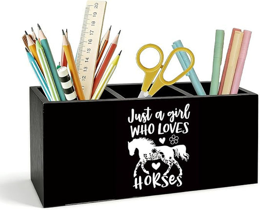 Black and White Horse Pen Holder for Desk, Horse Gifts for Women, Just a Girl Who Loves Horses Wooden Box Pencil Pen Holder Organizer for Home Office Desk Accessories