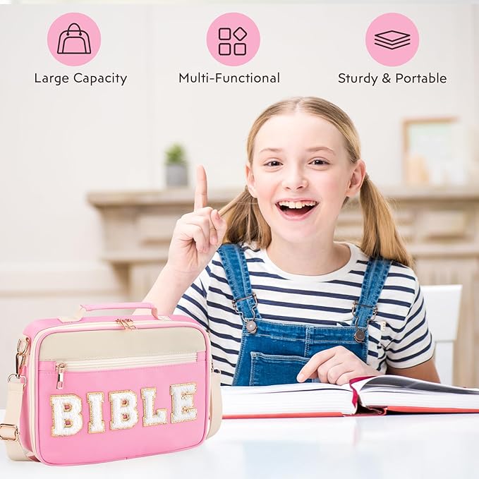 Bible Cover Case for Women Grils, Preppy Bible Bag with Adjustable Shoulder Strap, Waterproof Bible Carrying Tote Bags Holder for Bible Study Supplies Accessories & Christian Gifts (Pink)