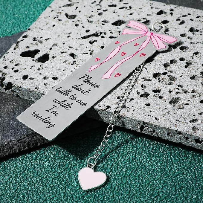 ZhuoXing Pink Bowknot Stainless Steel Bookmark - Cute Bowknot Patterns & Heart Pendants, Ideal for Female Readers, Set of 5