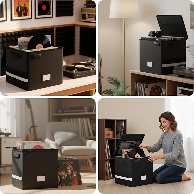 Vinyl Record Storage Box with Lock, Fireproof & Water-Resistant Record Organizer for 100+ 12-inch Vinyl Albums, Collapsible Crate with Lid & Handles, 13"x13"x13" Record Case