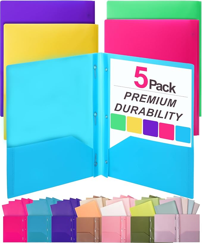 Mr. Pen- Plastic Folders with Pockets and Prongs, 5 Pack, Letter Size, Flexible Plastic Folders with Prongs