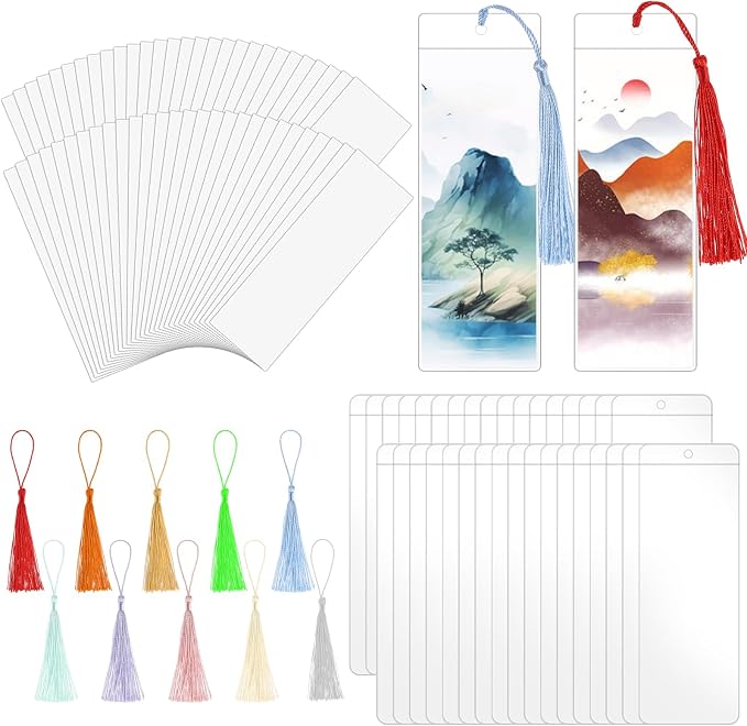 120 Sets Kraft Paper Blank Bookmarks with Tassels, Cardstock DIY Bookmark Making Kit, DIY Projects Party Favor Gift Tag Bulk PVC Tags, 120 Bookmarks 120 Clear Bookmark Sleeves 120 Tassels