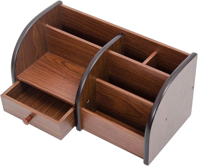 Liry Products Cherry Brown Wooden Desktop Organizer Drawer Multiple Compartments Stepped Shelf Racks 5 Slots Tabletop Storage Cabinet Office Supplies Caddy Stationery Holder Accessory Sorter Home