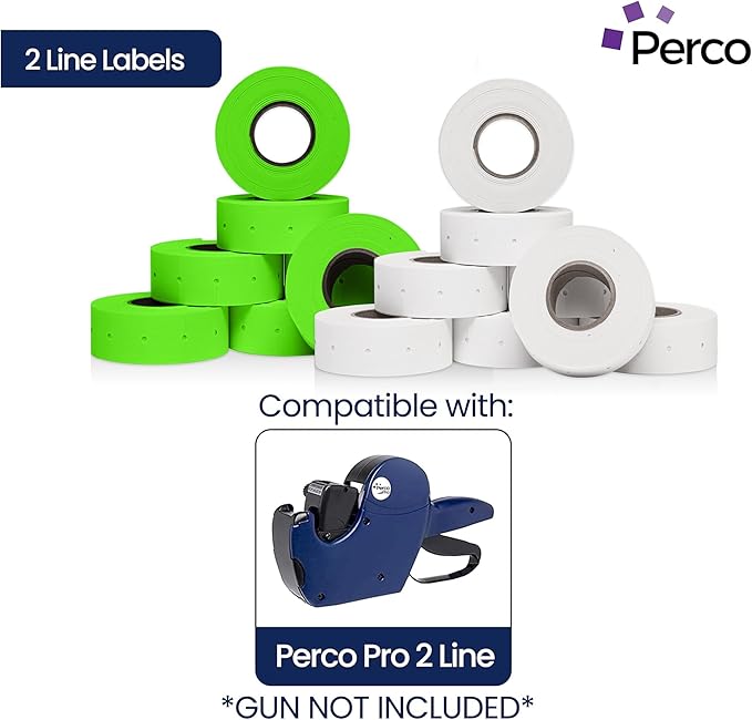 Perco White & Green Pricing Labels for Perco 2 Line Price and Date Gun – One White & One Green Sleeve - 2 Sleeves, 16 Rolls Combo Pack - 12,000 Price Marking Labels – with Label Scraper Included