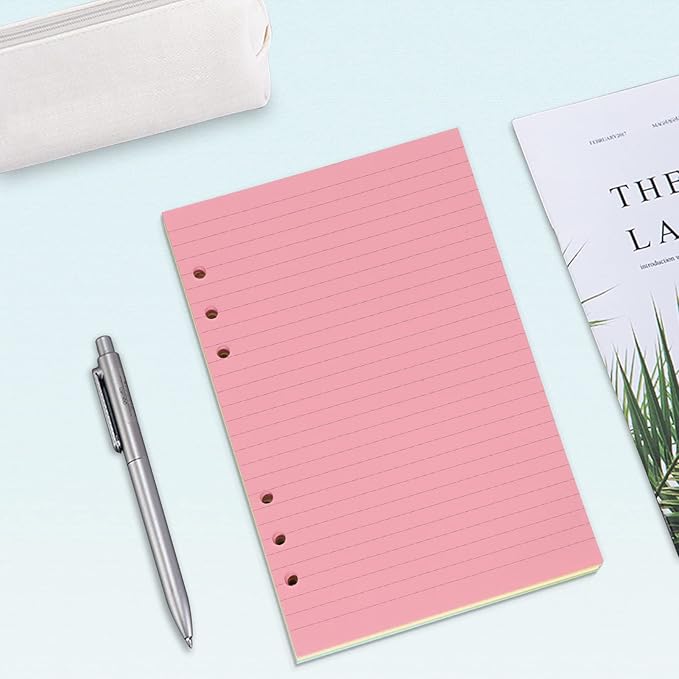 A6 Colorful Refill Paper, [5 Colors] Toplive 100GSM Thick Refillable Paper 6 Hole Filler Inserts Loose Leaf Paper 100 Sheets (200 Pages) for 6 Ring Binder Journal Notebook