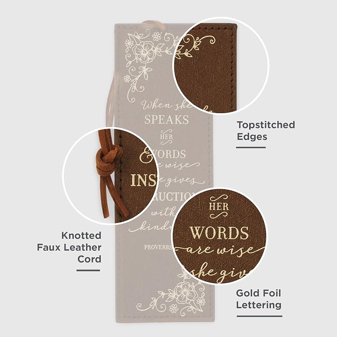Christian Art Gifts Premium Vegan Faux Leather Scripture Bookmark for Women: When She Speaks - Proverbs 31:26 Inspirational Bible Verse, Heat-Debossed, Faith-Based Reading Accessory with Cord, Brown