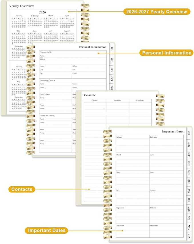 Planner 2026-2027 - Academic Planner from July 2026 to June 2027, Weekly & Monthly Planners Spiral Bound with 12-Month Tabs, Inner Pocket, 6.25" x 8.5", Beige
