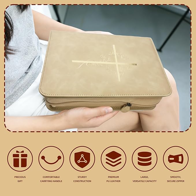 Bible Cover Case for Women, Bible Bag with Phone Pocket, PU Leather Large Carrying Book case with Minimalist Debossed Design – Christian Bible Accessories for Girls & Women (Beige)