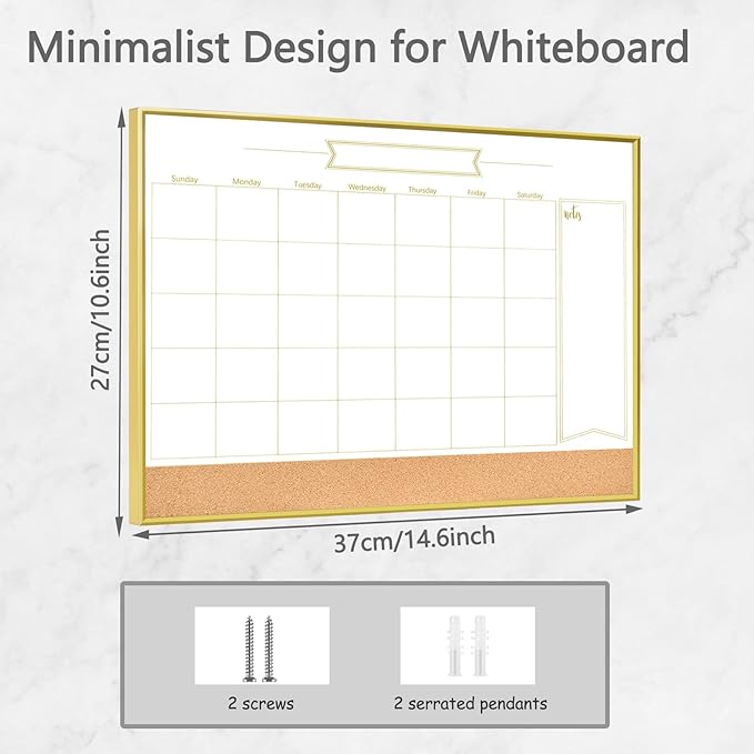 Whiteboard Calendar & Corkboard, 14.5" x 10.5" Dry Erase White Board & Bulletin Board, Gold Aluminum Frame Calendar/Cork Combo Board(ZHYL-Gold-2737-B)
