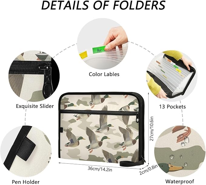 Expanding File Folder Wild Duck Camouflage Accordion File Organizer 13 Pockets Document Organizer with Zipper Labels A4 Letter Office Storage