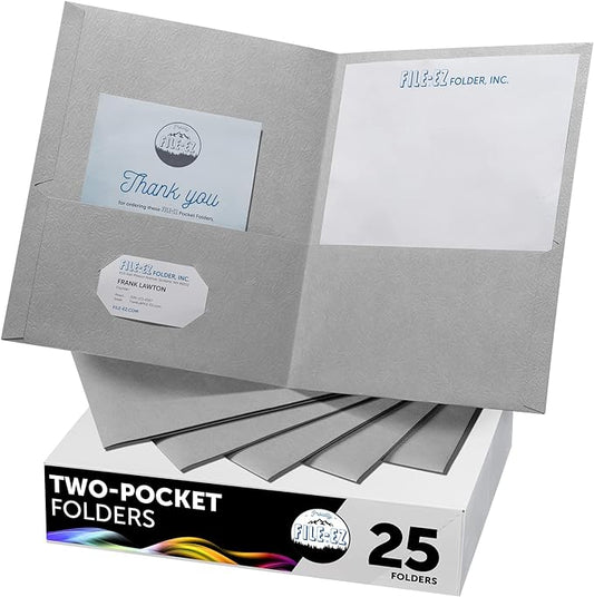 FILE-EZ Two-Pocket Folders, Gray, 25-Pack, Textured Paper, Letter Size (EZ-32530)