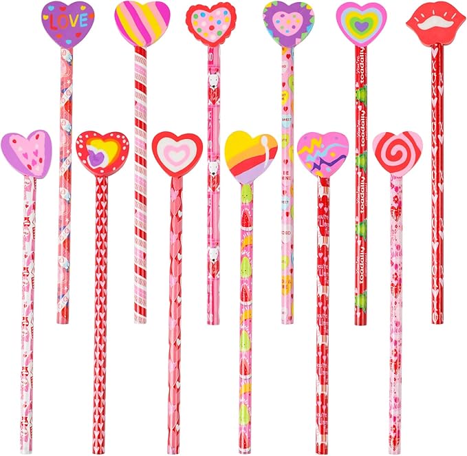 FOIMAS 24pcs Valentine's Day Pencils with Erasers Topper Decorated with Love Hearts Lips Assortment Valentine Stationery Pencil Bulk for Valentine's Day Goodie Bag Filler School Teacher