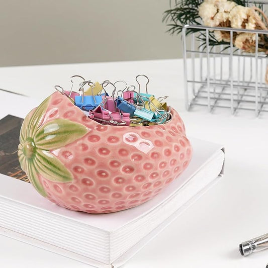 Ceramic Paper Clip Holder, Strawberry-Shaped Binder Clip Box Cute Office Decor Supplies for Desk Organizer (Strawberry Pink)
