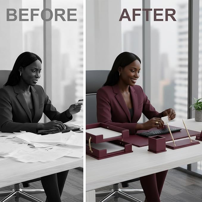Leather Desk Set,15-Piece Desk Organizer Set, Executive Office Accessories with Desk Pad & Blotter, 2-Tier Tray, Pen Holder & More, Professional Office Desk Decor & Gift Set (Burgundy)