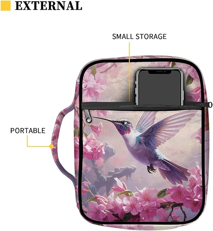 Suobstales Hummingbird Cherry Blossom Print Bible Covers for Women Men,Carrying Book Bible Case Church Bag Lightweight Bible Bag Bible Protective with Handle and Zippered Pocket