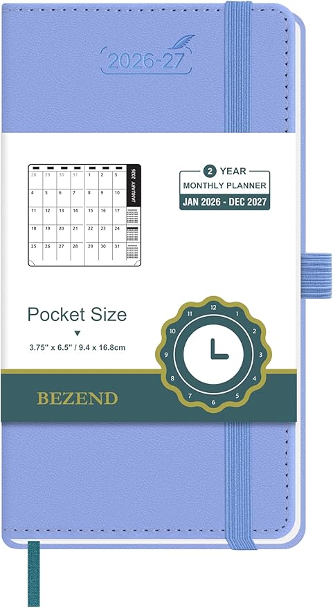 BEZEND Pocket Monthly Planner 2026-2027 (3.5" x 6.5") 2 Year Calendar Book for Purse with Note Pages, 100 GSM Paper, Inner Pocket, Pen Holder, Vegan Leather Hardcover in Cornflower