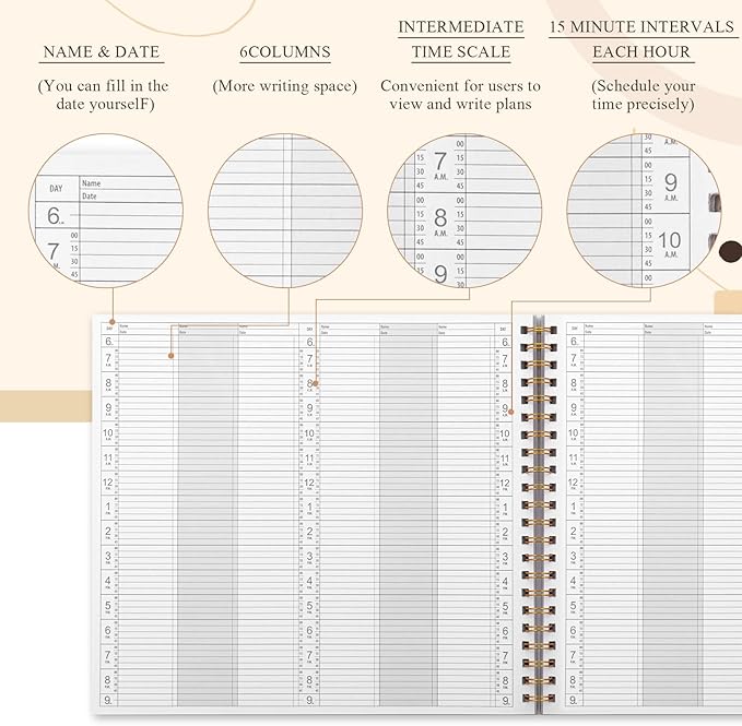 Maitys 2026-2027 Large 6 Column Salon Appointment Book for Hairstylist Spa Business, Hourly Planner 15 Minute Interval, 200 Pages Undated 6 Am 9 Pm Spiral Bound Checklist Planner(Pink, Minimalist)