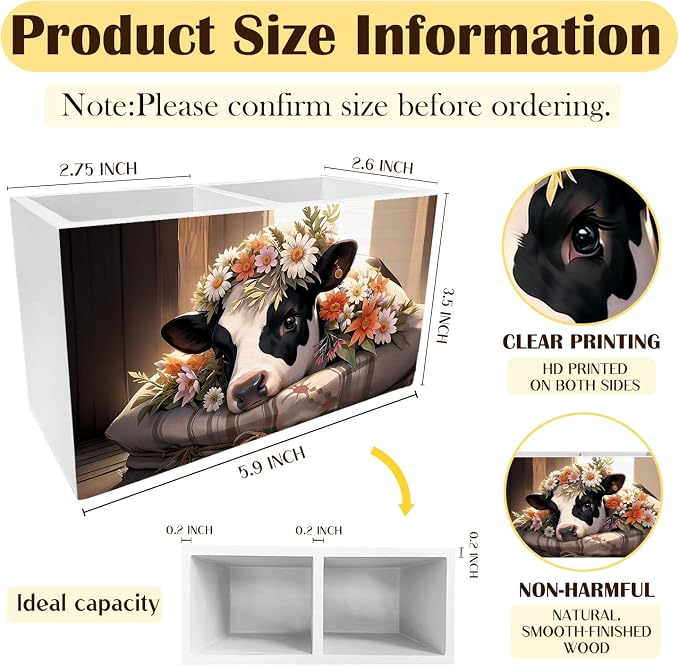 Cottagecore Floral Cow Pen Holder for Desk, Cow Lovers Gifts for Women Pencil Organizer, Farmhouse Animal Wooden Box Sign Desk Decor for Farmhouse Home Office Decoration