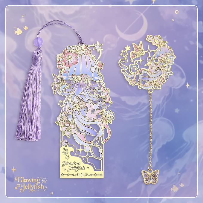 2 Pcs Metal Bookmark Gift Box, Golden Hollow Bookmarks Ocean Painting Theme Book Mark for Women, Book Lovers Writers Readers and Teens, Perfect for Birthday and Graduation Gifts(Purple)