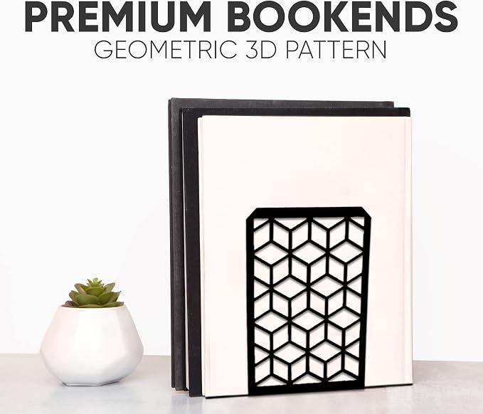 Geomod 3D Cube Black Metal Bookends Decorative for Heavy Books - Sturdy Boho Book Stops - Minimal Book Shelf Stopper - Durable Office Bookends - Weighted Metal Book Holders - 7x4.75 Inches - 1 Pair