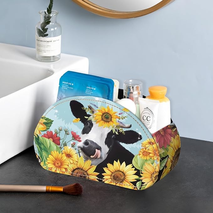 FUSURIRE Sunflower Cow Print Remote Control Holders with 5 Compartment,PU Leather Desk Organizer Box Caddy Office Storage Supplies Fashion Remote Holders Valentine's Day Decor for TV, DVD