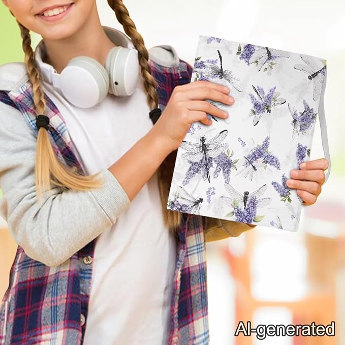 Dreaweet Stretchable Book Covers Dragonfly and Lavender Print Book Protective Sleeves for Hardcover Textbooks Notebooks up to 9"x11",Reusable Washable