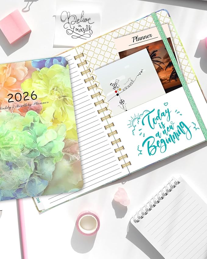 2026 Weekly and Monthly Planner - 2026 Hardcover Calendar Planner, Jan. 2026 - Dec. 2026, Daily Agenda Book with Tabs, Twin-Wire Binding, Back Pocket, School Teacher Student Supplies, A5(6.3" x 8.5") (Spring Flower)