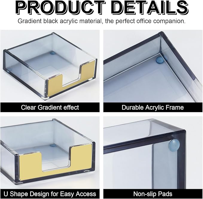 MultiBey Gradient Acrylic Sticky Note Holder, Clear Acrylic Post Note Pad Holder Memo Dispenser Desk Organizer Dispenser with Non-Slip Pads for Office Home Decor (Black)