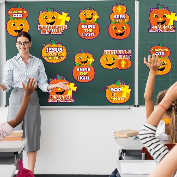 QOUBAI 36PCS Thanksgiving Religious Pumpkin Cutouts Christian Jesus Bulletin Board Fall Halloween Cardboard Door Sign Religious Holiday Wall Decor Kit Autumn Classroom Window Door Party Favor Supplies