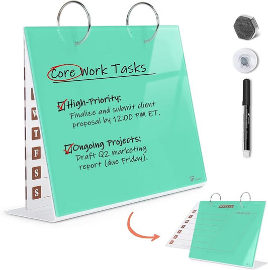 Desktop Glass Dry Erase & Acrylic Aesthetic Calendar Weekly to-do List Combo, Small Magnetic Standing Whiteboard, Desk Flip Easel Calendar with Accessories for Home Office Supply, Mint Green, 9 x 7''
