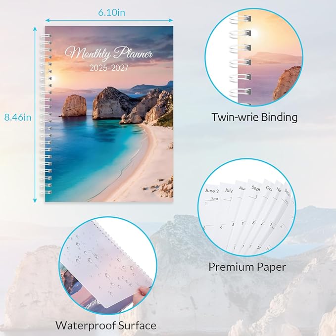 Monthly Planner 2025-2027, Monthly Calendar July 2025 - December 2027, A5 Planner 2025-2026 with Coil, 5.9'' x 8.4'', Perfect for Office School Supplies Organizing Planning - Beach