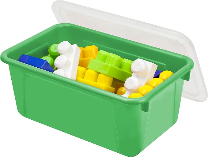 Storex Small Cubby Bins – Plastic Storage Containers for Classroom with Non-Snap Lid, 12.2 x 7.8 x 5.1 inches, Green, 5-Pack (62409A05C)