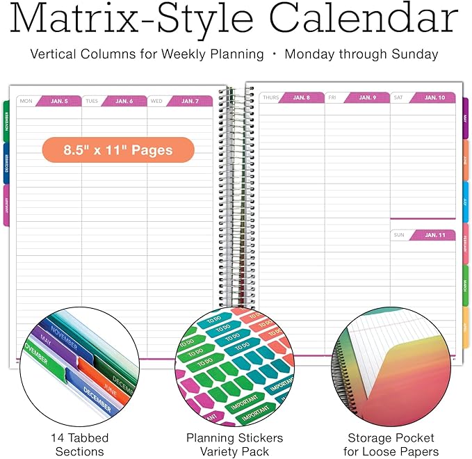 DELUXE 2026 Planner, 8.5"x11": 14 Months (November 2025 - December 2026), Includes Page Tabs, Bookmark, Planning Stickers, Pocket Folder Daily Weekly Monthly Planner Yearly Agenda (Rainbow Petals)