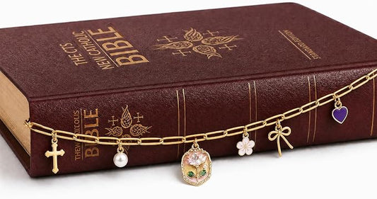 Floral Pearl Heart Bow Bible Charm Chain - Christian Biblebook Accessory Faith Gift, Scripture Bookmark Decor for Bible Spine Edge, Religious Charms for Book Lovers