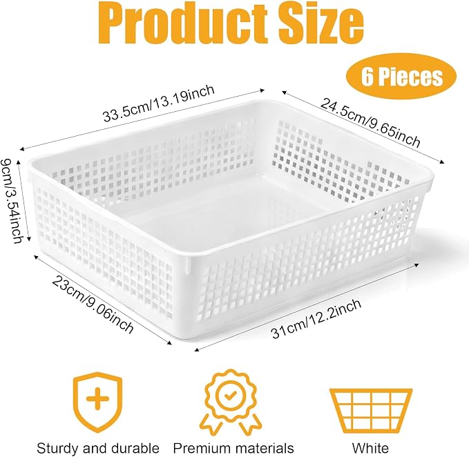 6 Pack Turn in Trays Classroom,Paper Trays for Classroom,A4 Size Plastic Paper Storage Tray,Plastic Storage Baskets for Library,Drawers,Office,Home, Kitchen, Bathroom(White)