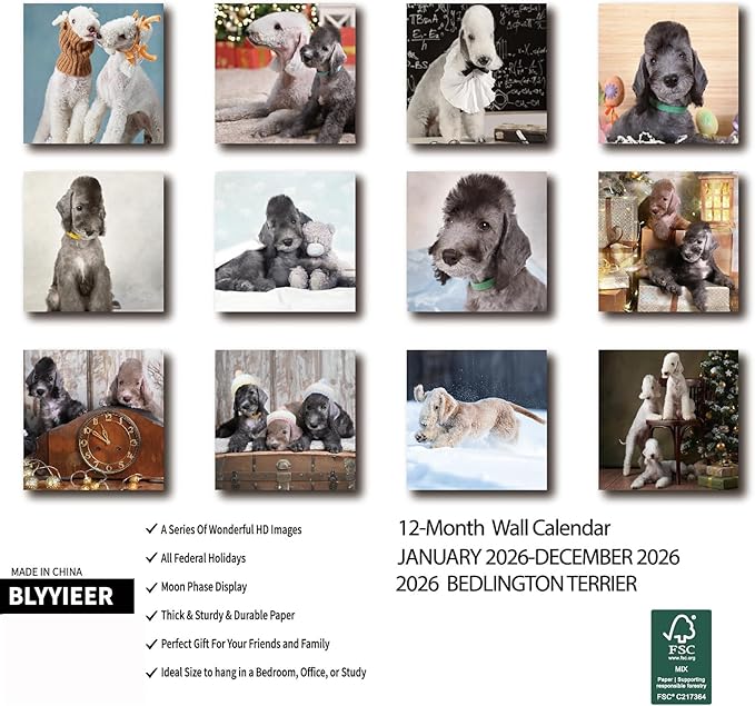 2026 Wall Calendar, Bedlington Terrier Wall Calendar, 12" x 24" Open,Family Planner Calendar, Home & Office Organizer,Hangable, for Dogs Lover