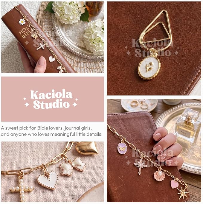 Kaciola Bible Charms Chain with 4PCS Planner Charms for Bible Study, Book Spine Bookmark, Journal Accessory, Unique Faith Jewelry Gift for Women (SJ-06)
