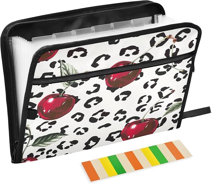ALAZA Cherry Leopard Spots Expanding Filing Folder, 13 Pockets Expandable Document Organizer Folder with Zipper Closure for Home Office A4 Letter Size Paper Document