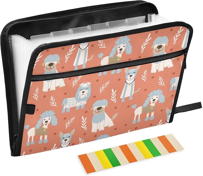 13 Pockets Expanding File Folder Poodle Dog Dogs with Sticky Labels Accordion File Folder Document Organizer Letter Size A4 Papers Expandable File Keeper