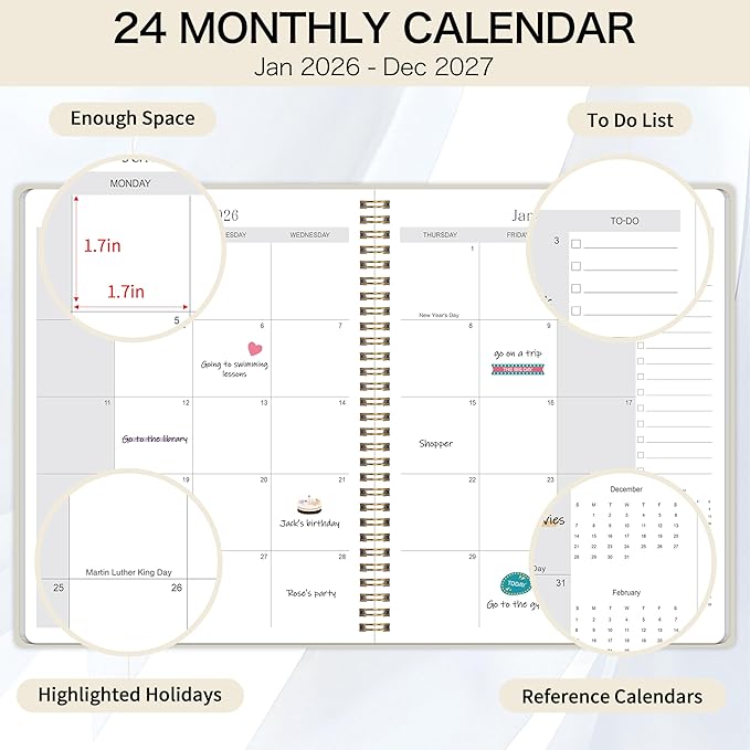 2026-2027 Monthly Planner - 2 Year Monthly Planner 2026-2027, Jan 2026 - Dec 2027, 7" x 9", 2 Year Calendar with 24 Month, Twin-wire Binding, Note Pages, Beige
