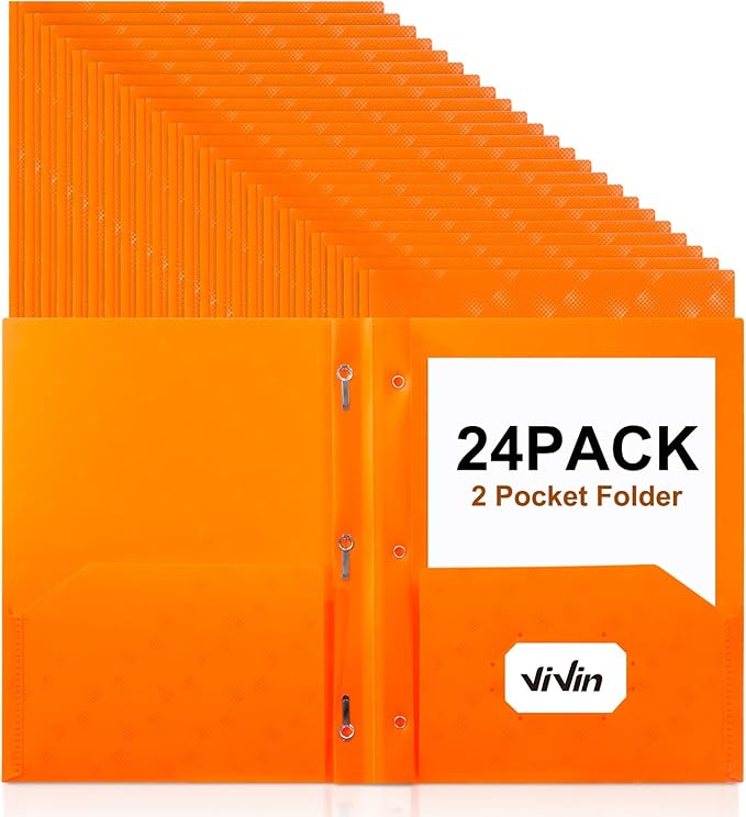 ViVin Plastic Folders with Pockets and Prongs,24 Pack,Heavy Duty 2-Pocket File Folder with 3 Fasteners,Fits Letter Size Paper,for School Home and Office(Bright Orange)