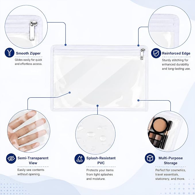 Ireer 18 Pcs Clear Zipper Pouches PVC Waterproof Pouch Bags Transparent Zipper Pouch Clear Storage Bags Multipurpose for Organizing Travel Cosmetics Document File (White,11.5 x 7 Inch)