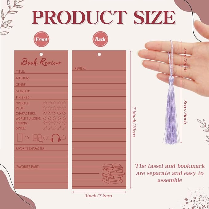 50 pcs Colorful Book Review Bookmarks with 50 Bookmark Tassels Book Tracker Reading Log Page for Readers Bookish Bookworm Gift, Reading Page Tracker for Students Teachers Women(Retro)