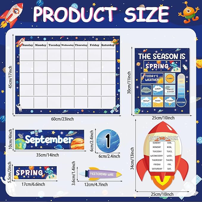 Space Calendar Bulletin Board Set for Classroom Decoration Outer Space Calendar Seasons Weather Chart Rocket Astronaut CTP Bulletin Board Paper-Cuts for Teachers Elementary School Classroom