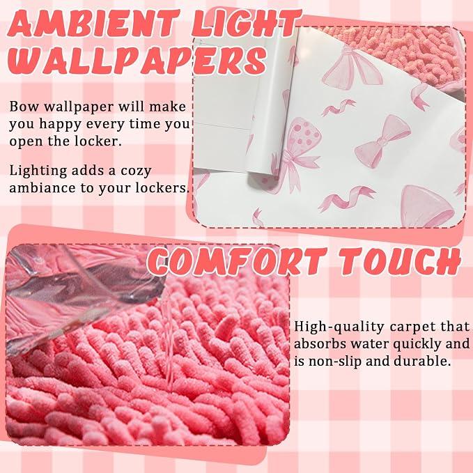 16 Pcs Locker Accessories Kit Pink Locker Organizer Decorations Include Bow Wallpaper String Light Magnetic Whiteboard Mirror Storage Cup Marker Rug Organizing Shelf for Back to School Supply